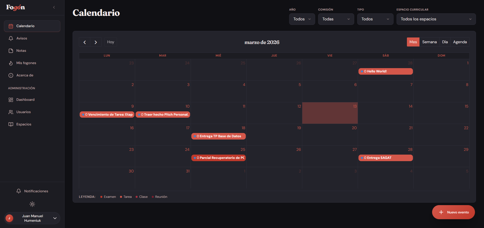 Vista del calendario en Fogón